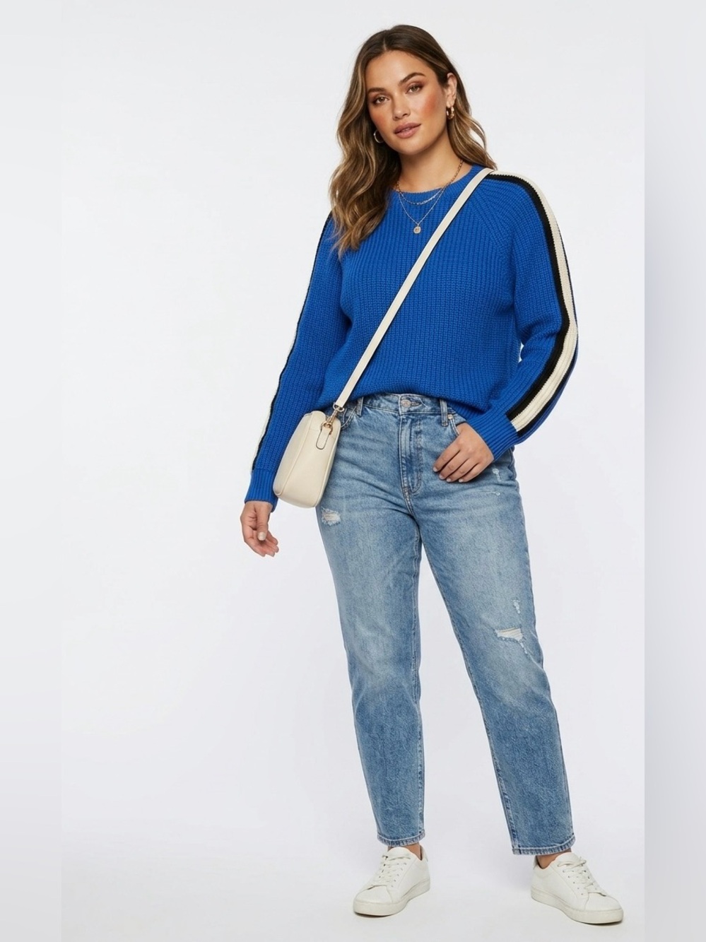 Anthropologie Sanctuary $89 NWT Blue w/ Striped Sleeve Ribbed Knit Sweater XXL